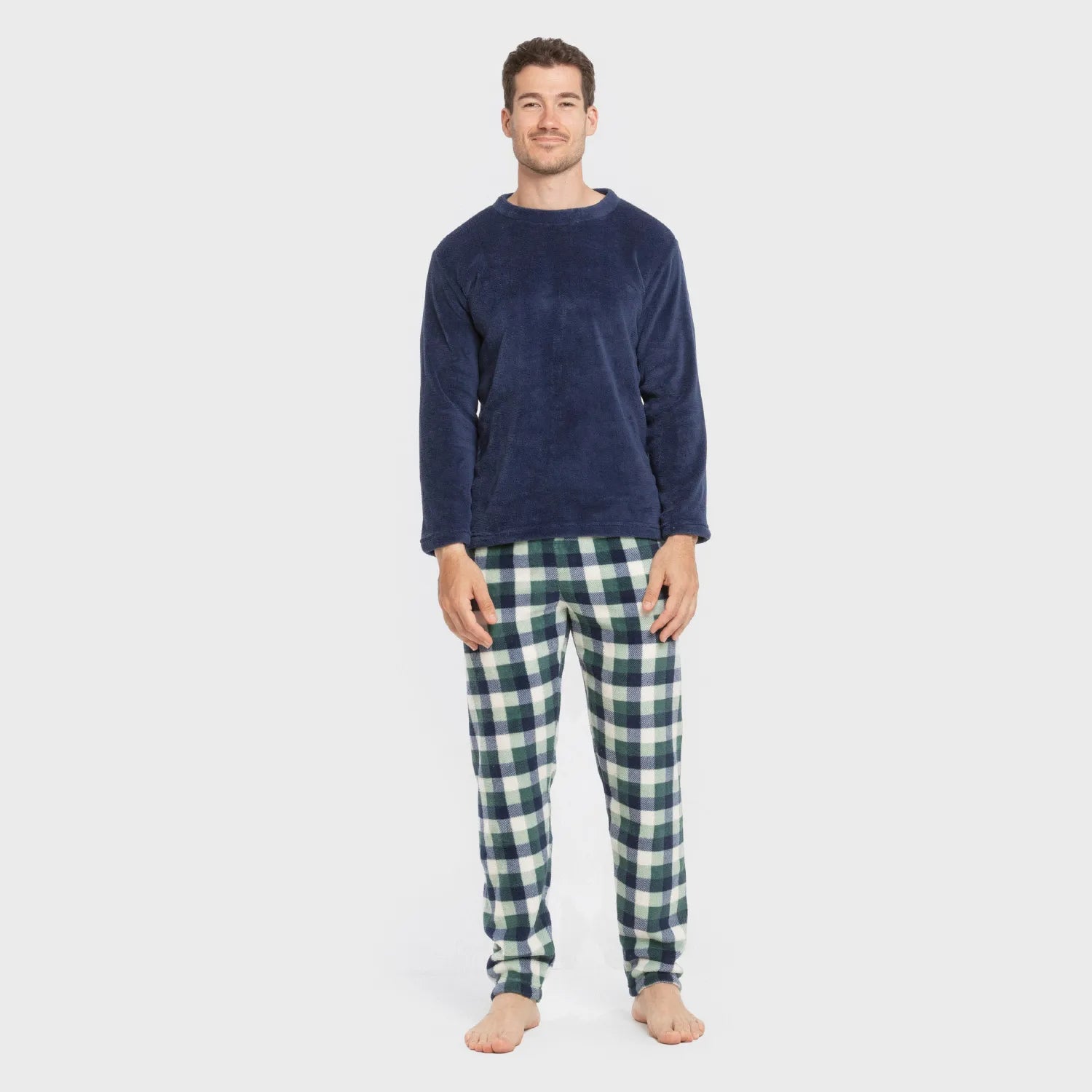 Pijama masculino de lã coral, xadrez azul marinho Ferni