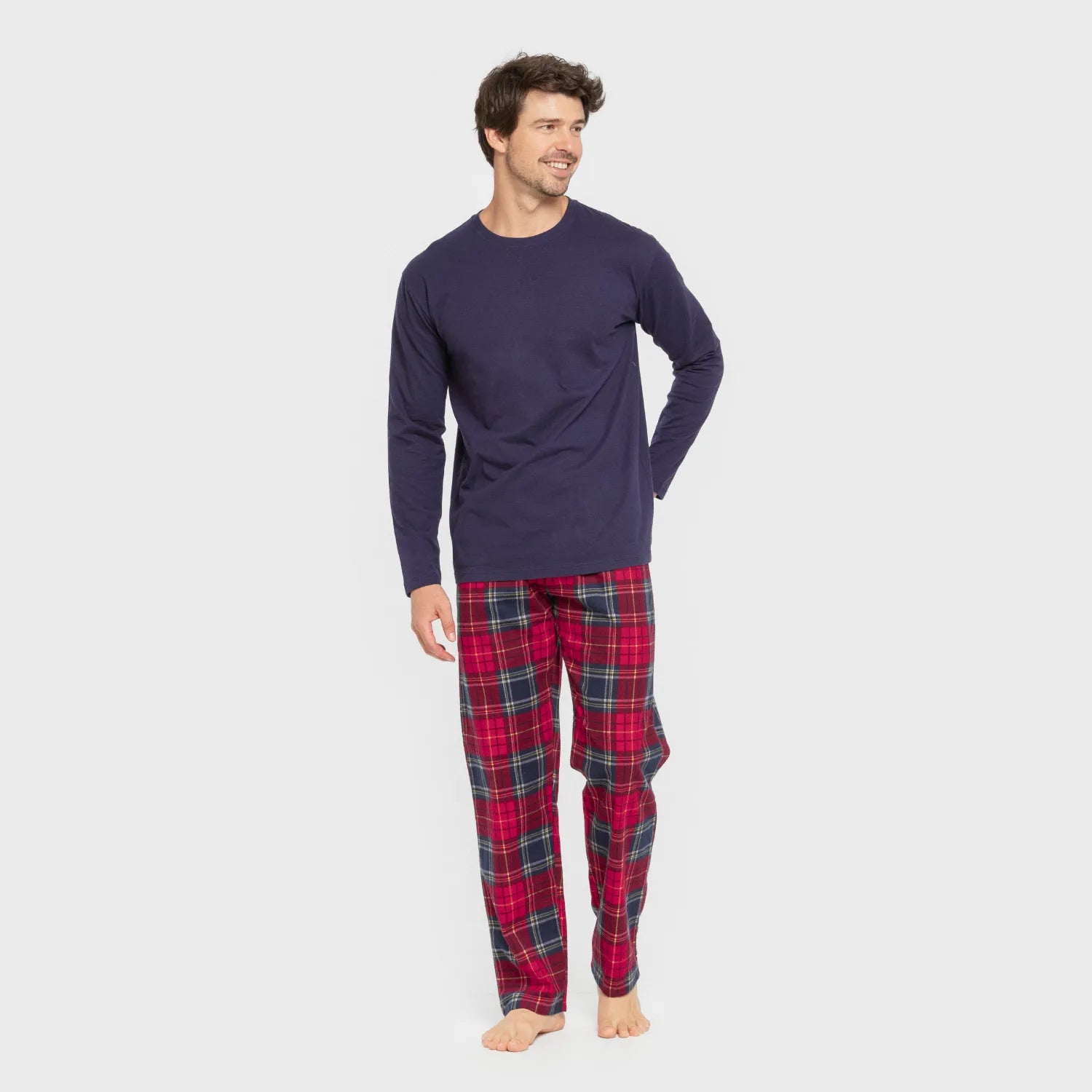 Pijama masculino de flanela, estampa xadrez Bilbo, azul marinho