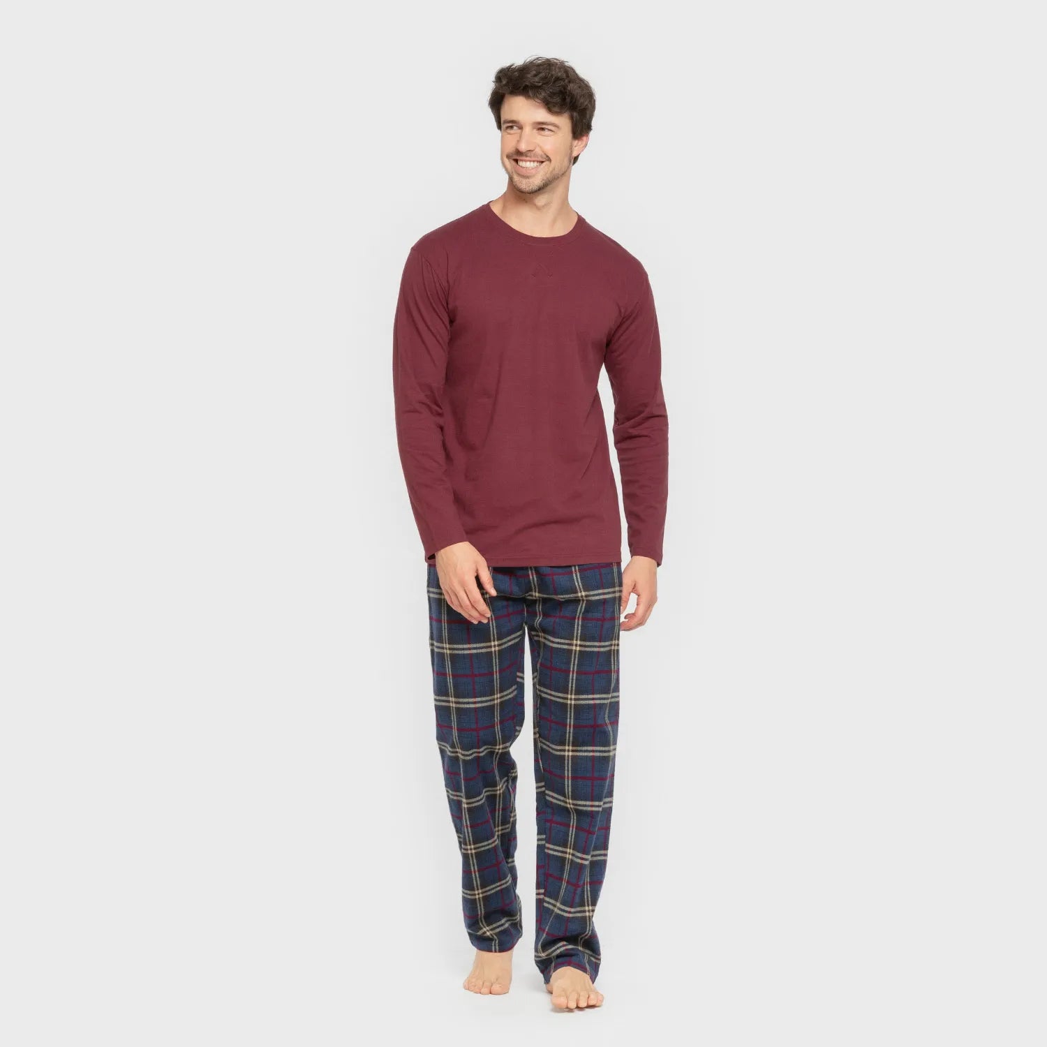 Pijama masculino de flanela, xadrez bordô Tejada