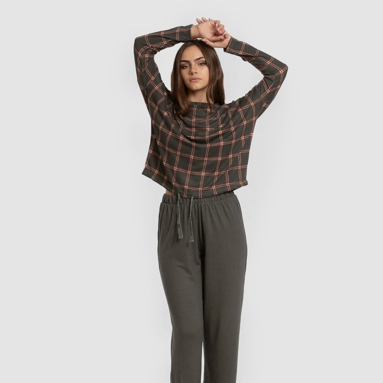 Pijama comprido feminino Secret, xadrez verde-caça Nelby.