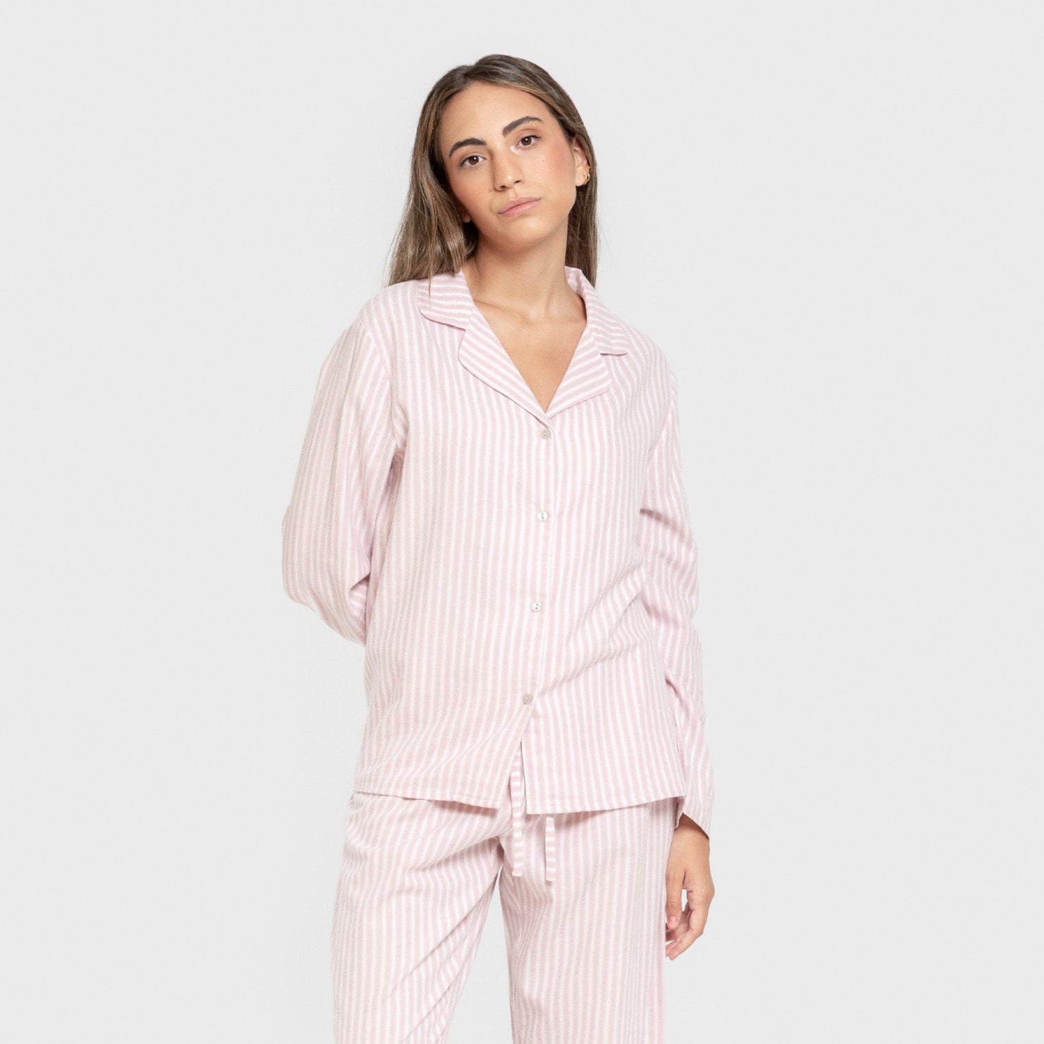 Pijama feminino de flanela de manga comprida, estilo camisa, Ceballos com listras rosa.
