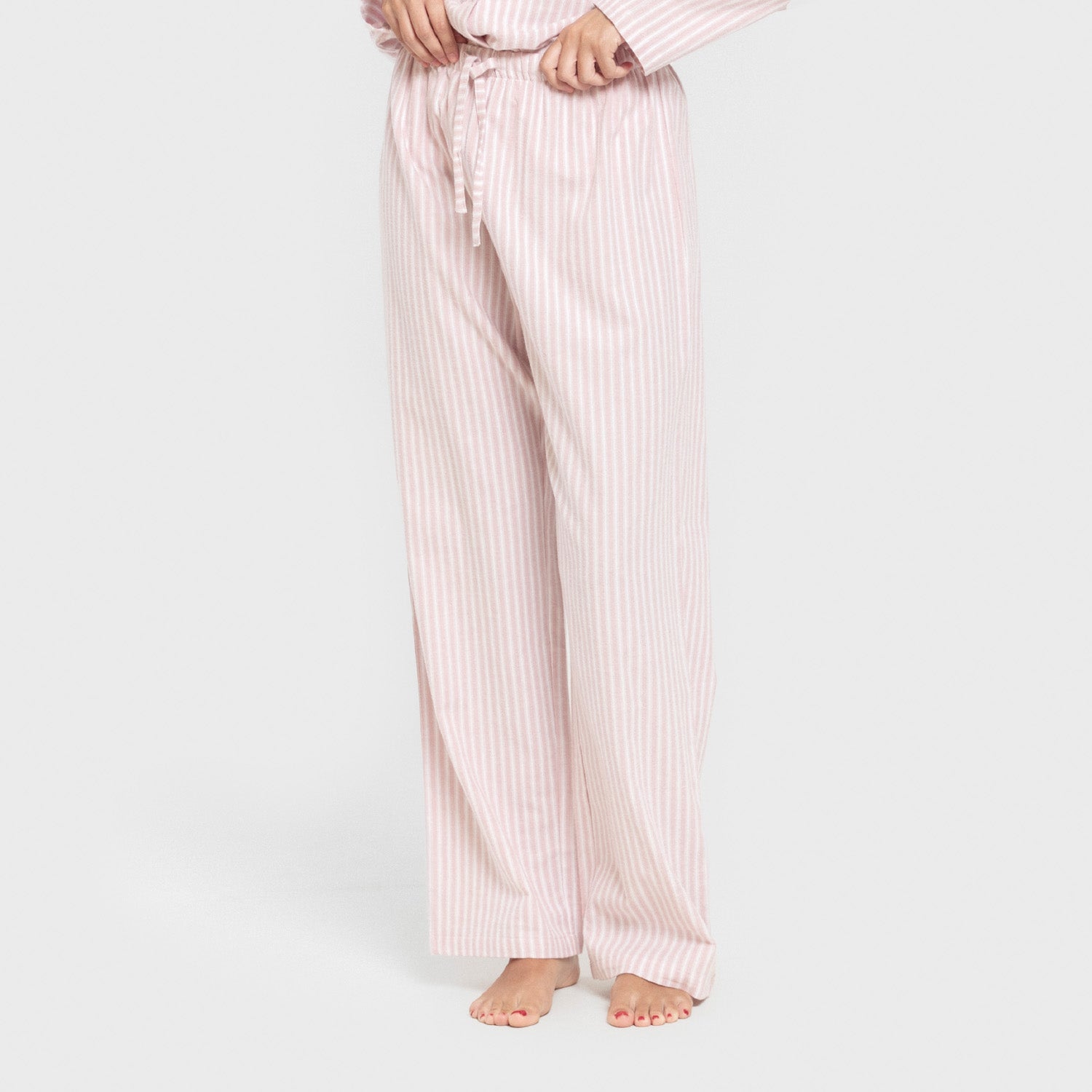 Pijama feminino de flanela de manga comprida, estilo camisa, Ceballos com listras rosa.