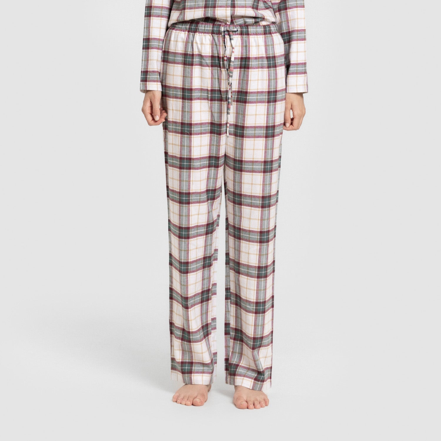 Pijama feminino de flanela de manga comprida, estilo camisa xadrez floral verde.