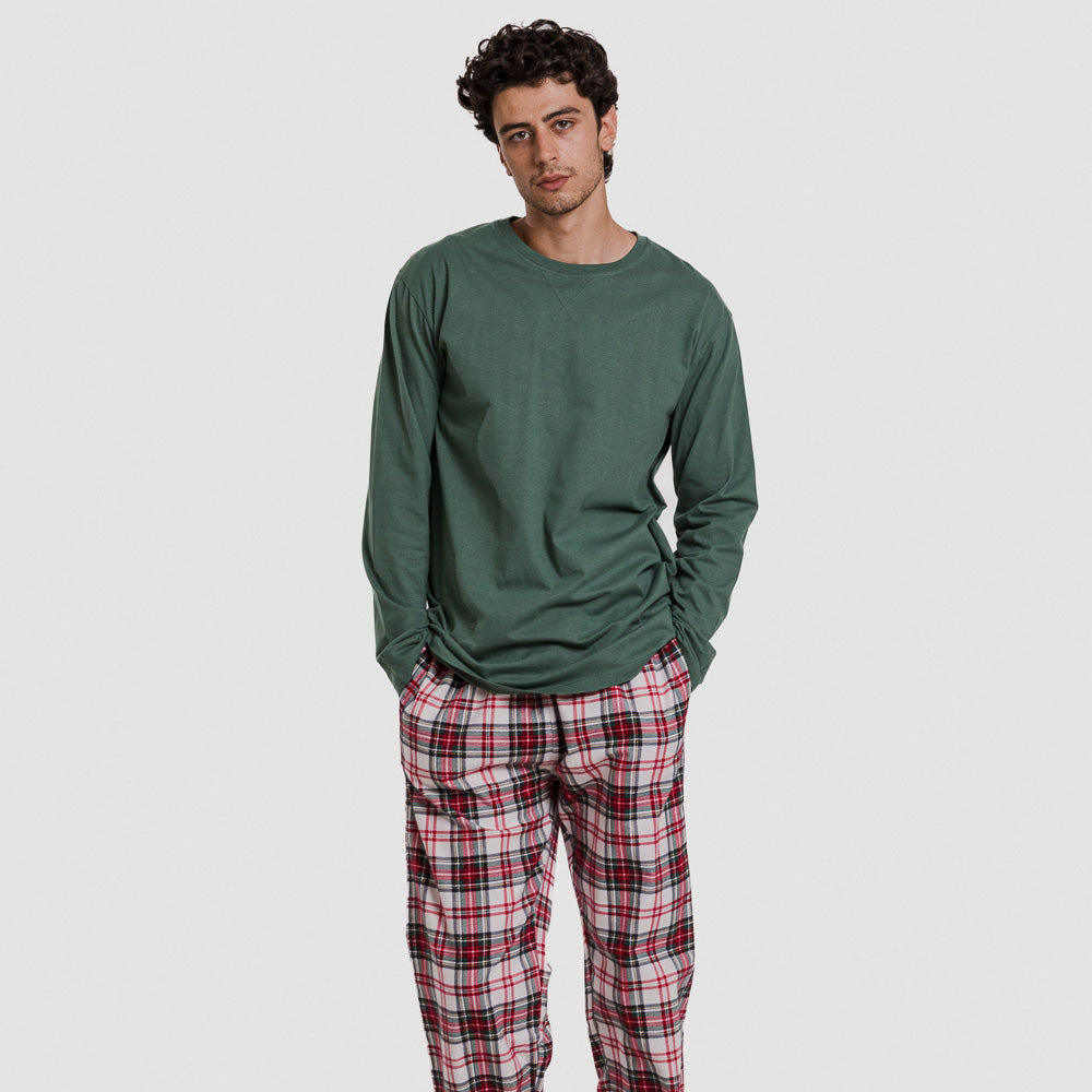 Pijama masculino de flanela, estampa xadrez Saruma, verde garrafa