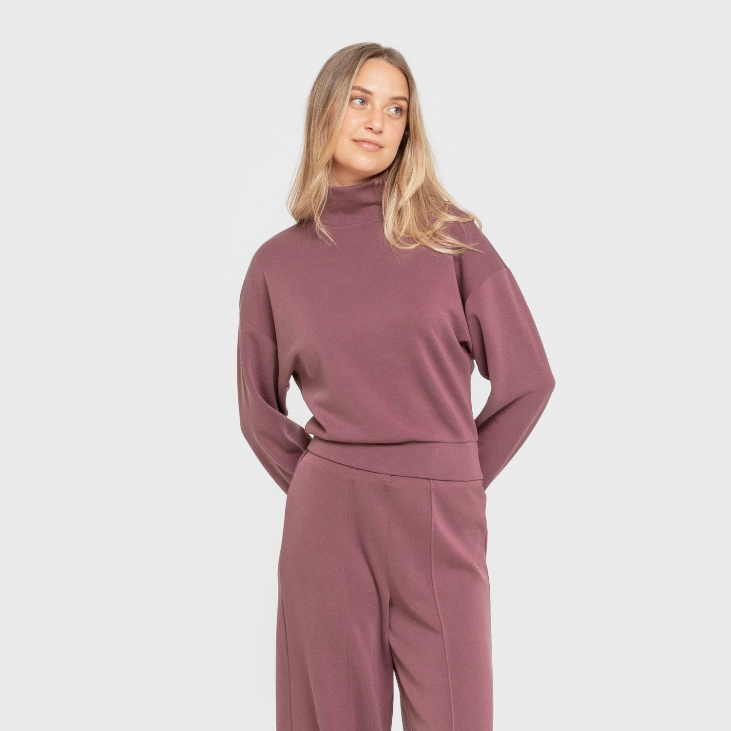 Blusa de moletom feminina de gola alta em modal, cor berinjela.