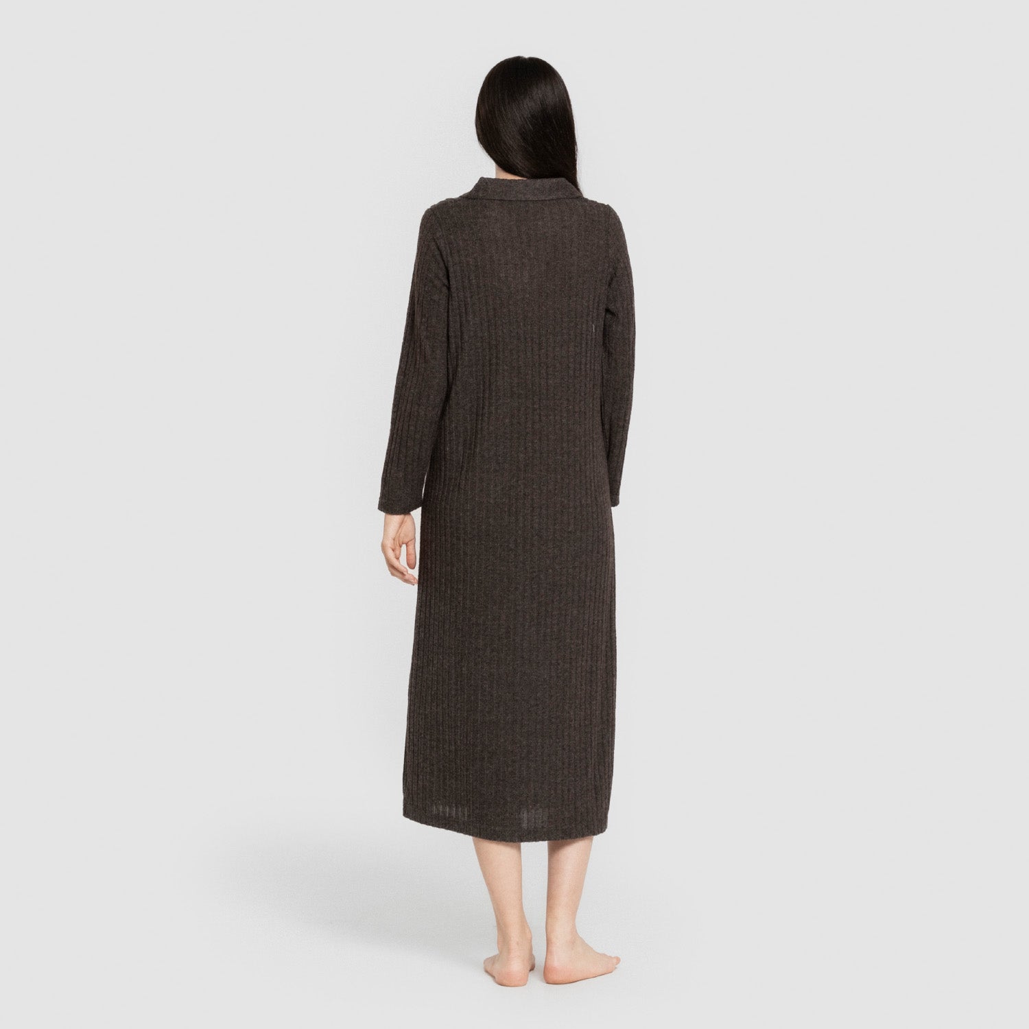 Vestido feminino de manga comprida com lapela canelada, lapela 4x2, cinza carvão