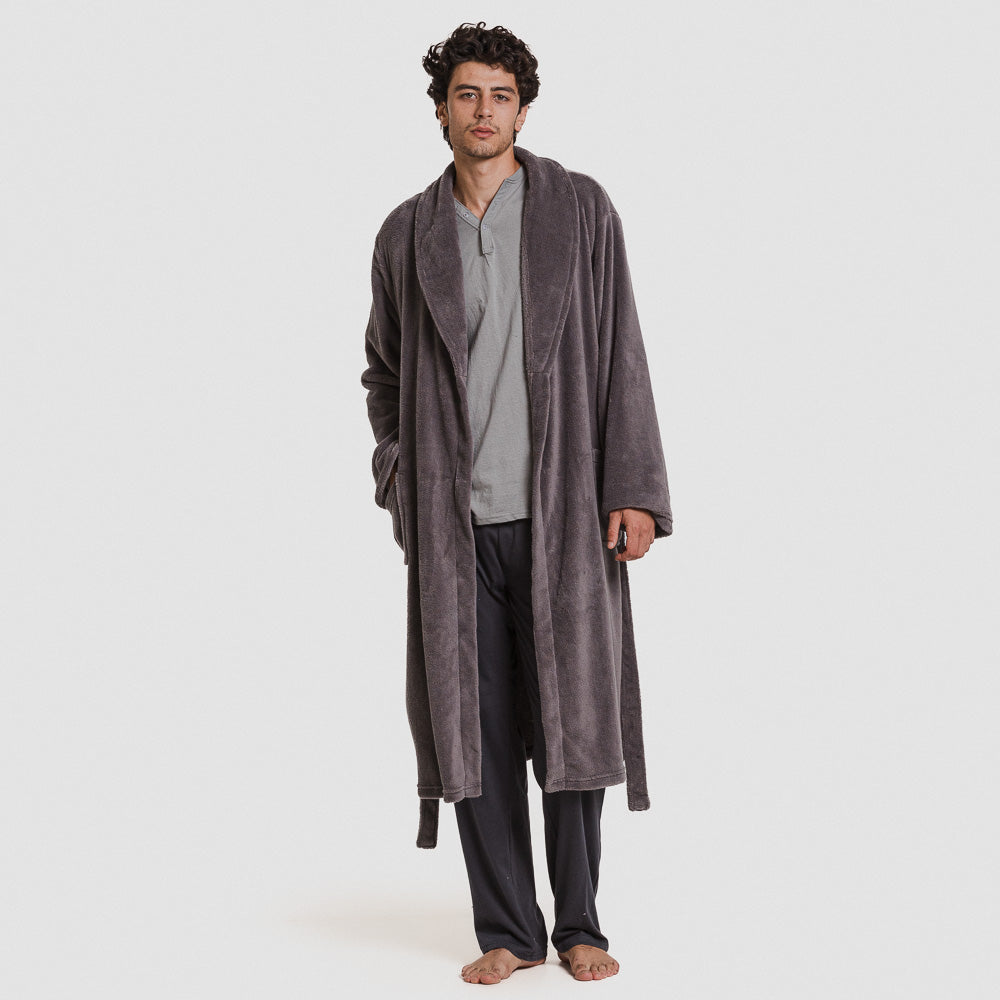 Roupão masculino liso de lã coral, cinza