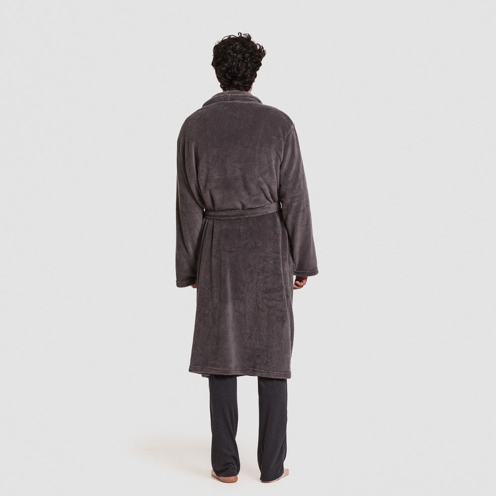 Roupão masculino liso de lã coral, cinza