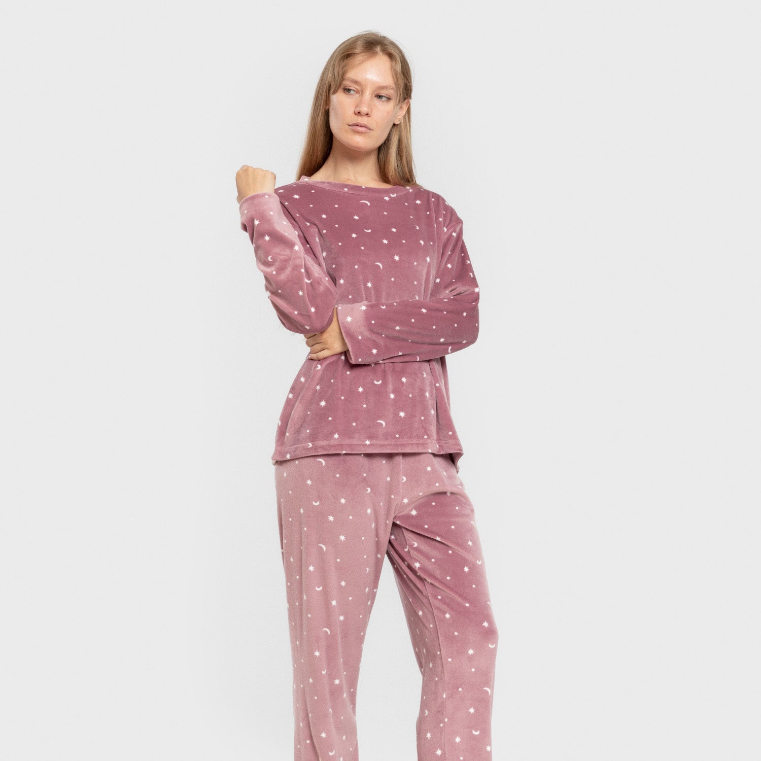 Pijama feminino de veludo super macio Ambarina rosa malva