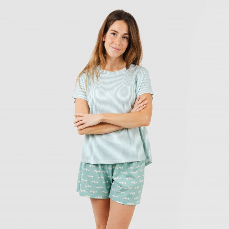 Pijama curto manga fluida algodão mulher Ponder verde azulado