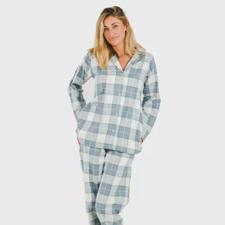 Pijama flanela com lapela mulher Cuadro Guima azul indigo