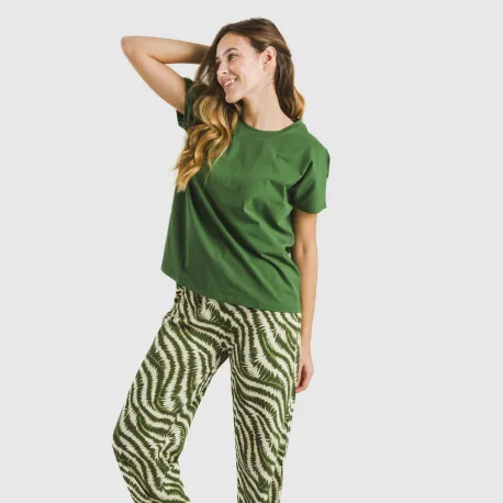 Pijama comprido algodão mulher manga fluída Print verde caça