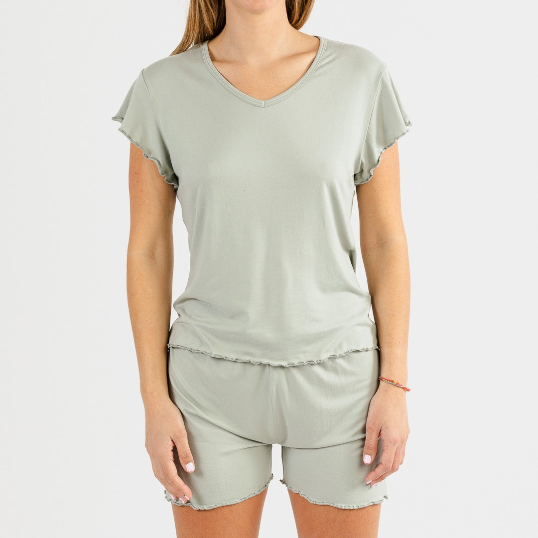 Pijama curto feminino em malha Tiffany verde-seda