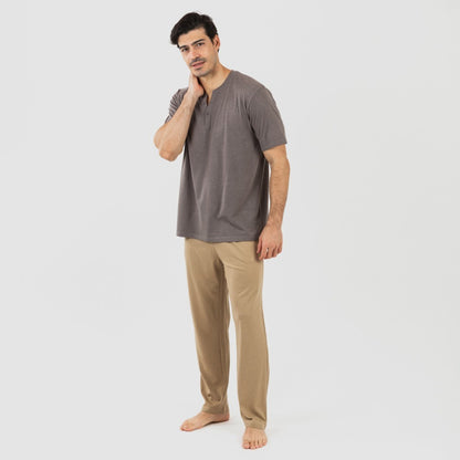 Pijama masculino de manga curta e comprida com botões - Taupe - Areia