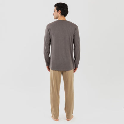 Pijama masculino comprido com botões, cor bege-areia