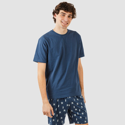 Pijama curto masculino Aaron, azul marinho, em algodão.