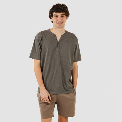 Pijama curto masculino com botões, azul petróleo - marrom