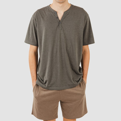 Pijama curto masculino com botões, azul petróleo - marrom