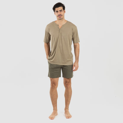 Pijama masculino curto com botões, verde-caça - verde-escuro