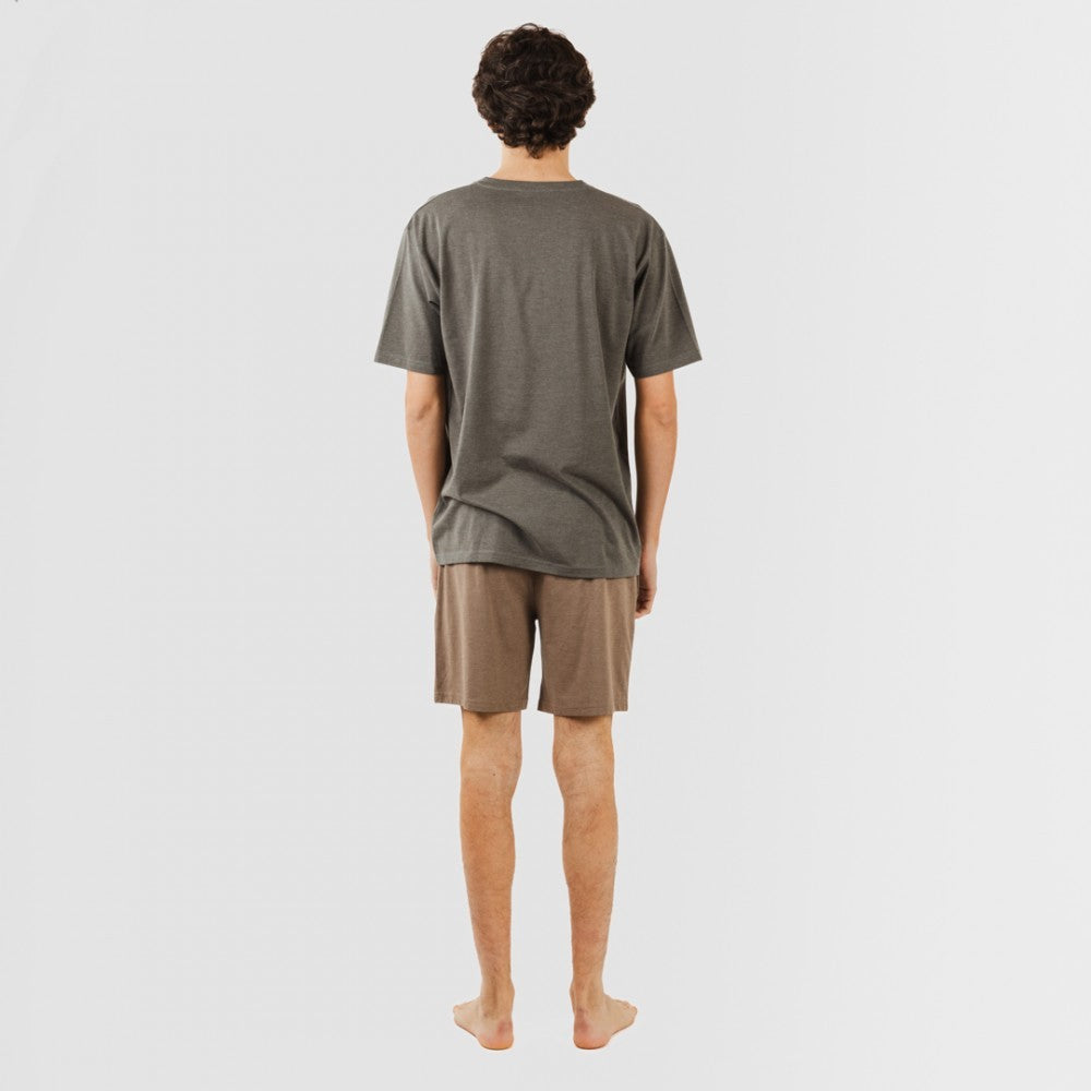 Pijama curto masculino com botões, azul petróleo - marrom