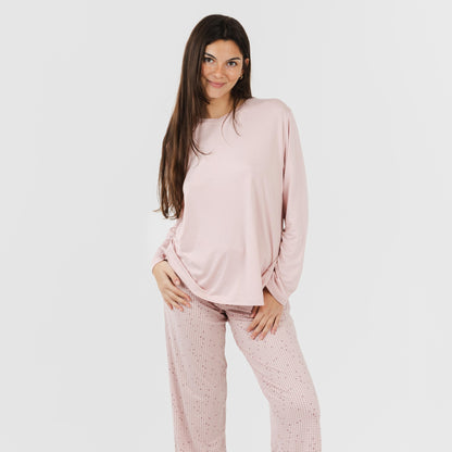 Pijama comprido feminino macio, cor rosa claro Maya
