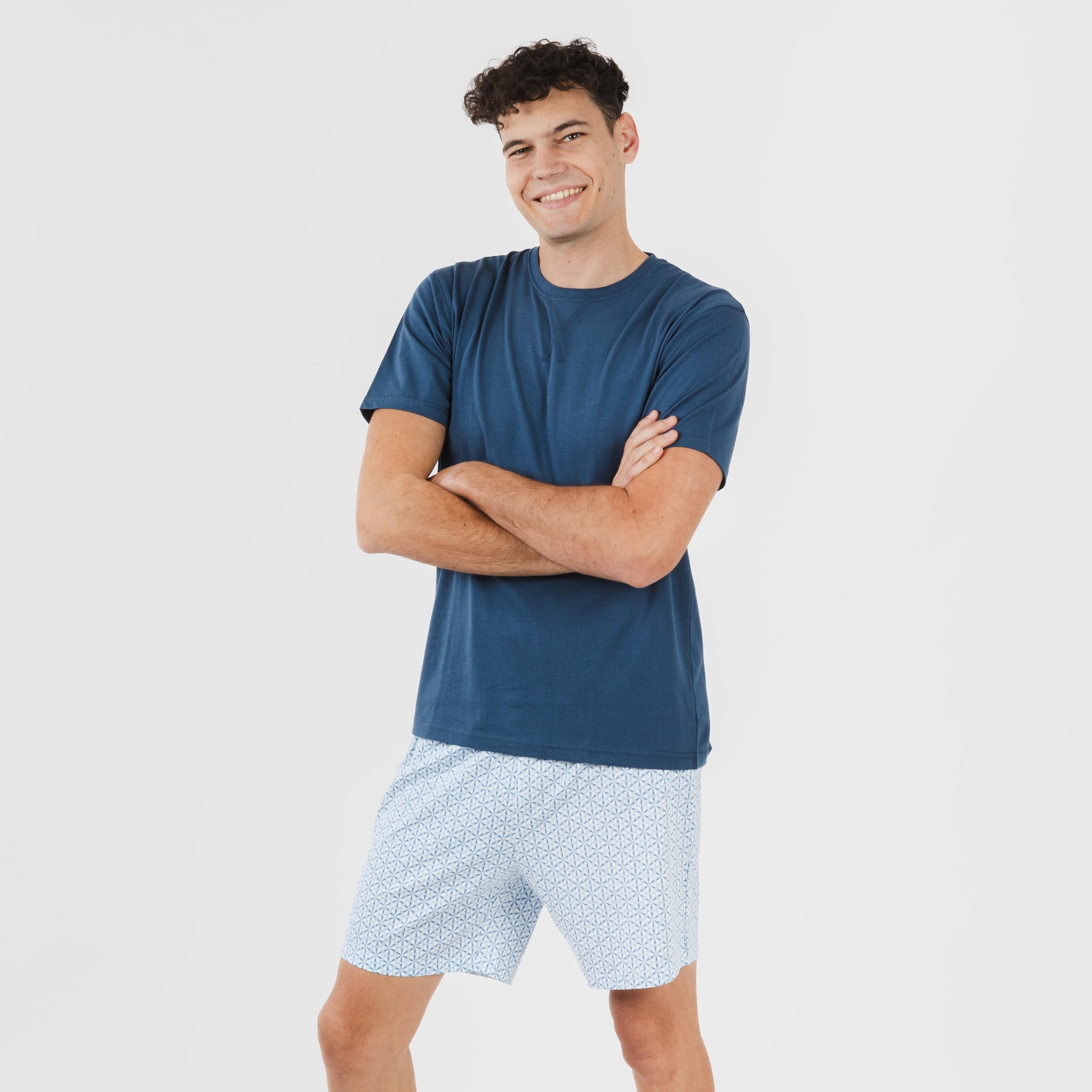 Pijama curto masculino Timon, de algodão, azul