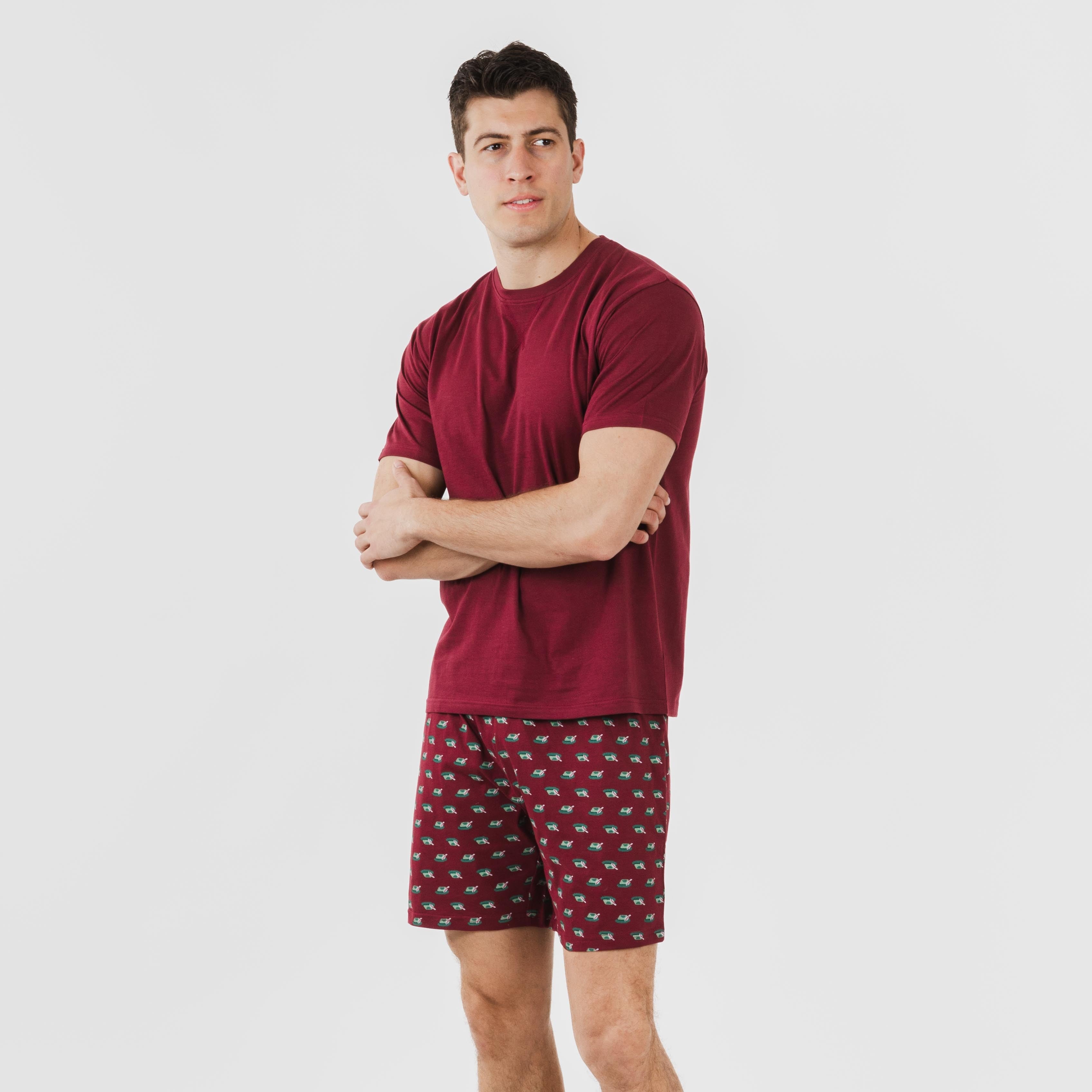 Pijama curto masculino de algodão, cor bordô Nino
