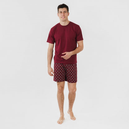 Pijama curto masculino de algodão, cor bordô Nino