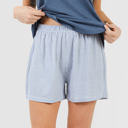 Pijama curto de algodão, listrado em índigo.