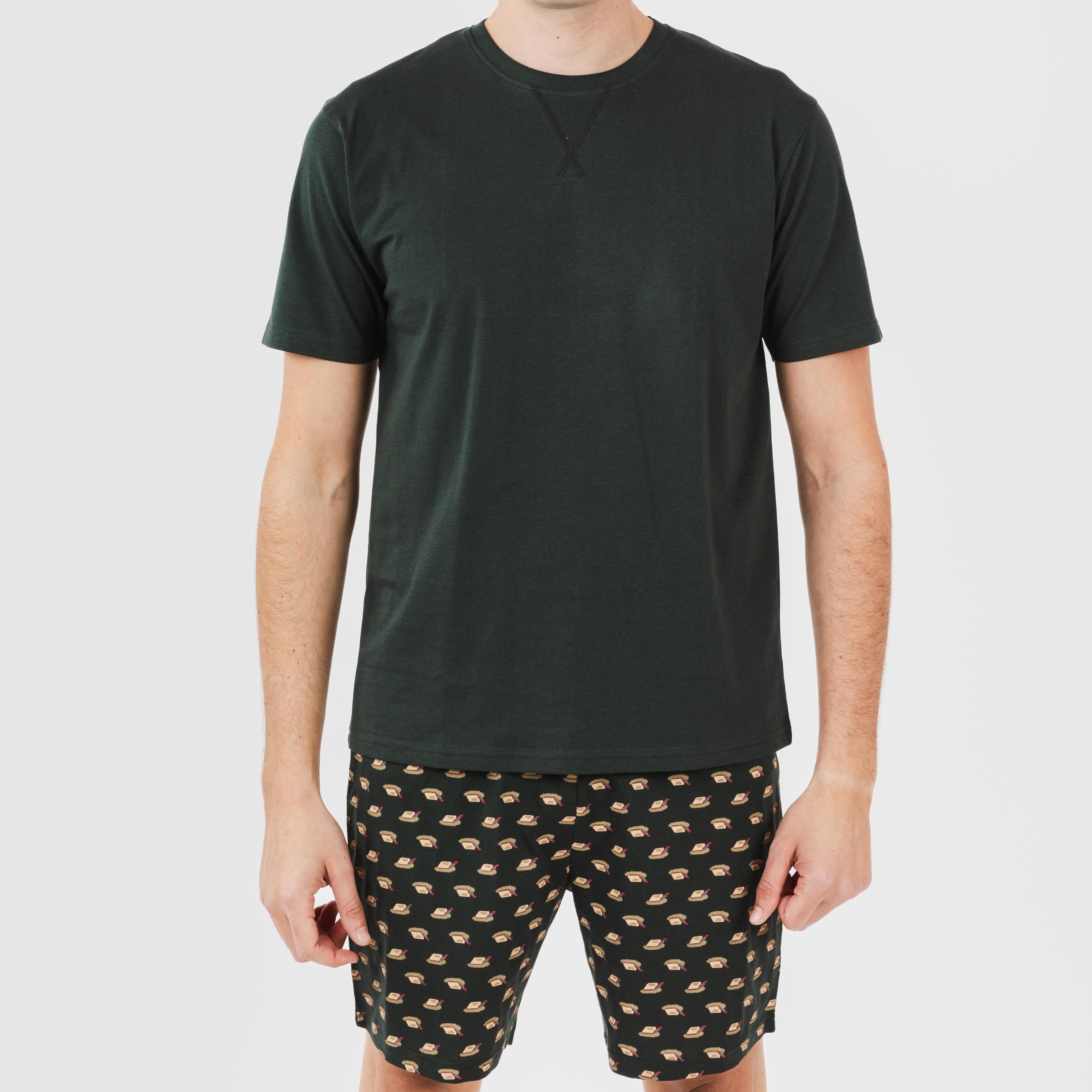 Pijama curto de algodão verde-garrafa para homens e meninos