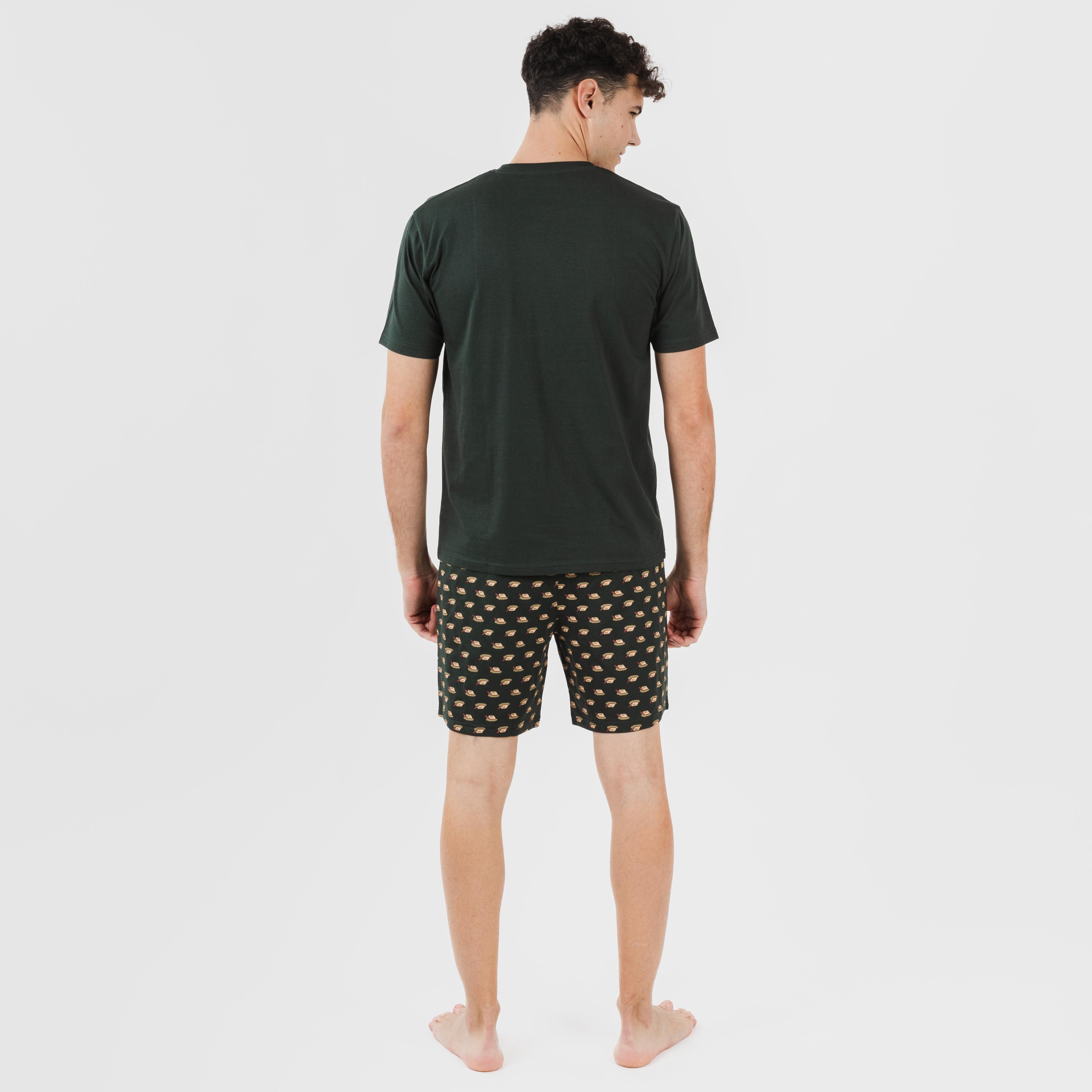 Pijama curto de algodão verde-garrafa para homens e meninos