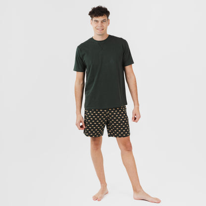 Pijama curto de algodão verde-garrafa para homens e meninos