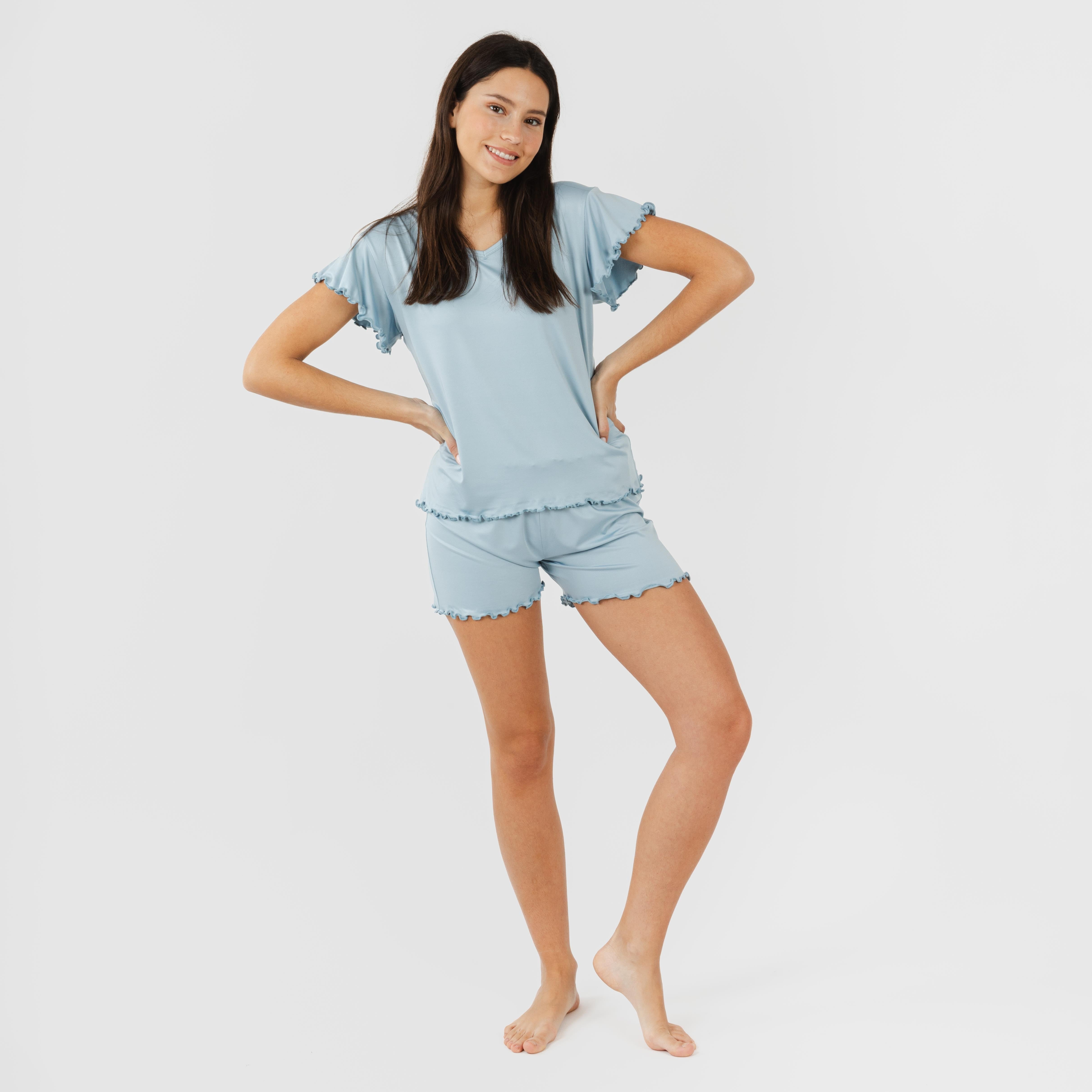 Pijama feminino de manga curta CRT, macio e liso.