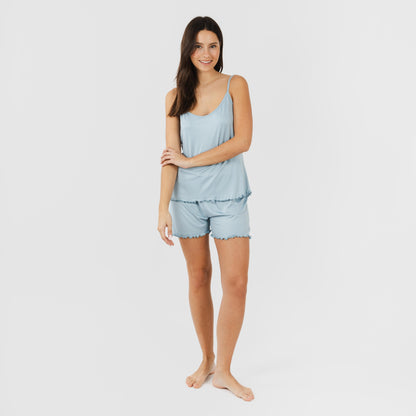 pijama azul celeste com toque sedoso e ombreiras
