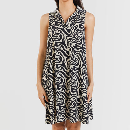 Vestido curto com gola e lapela suaves, Iratia bege e preto.