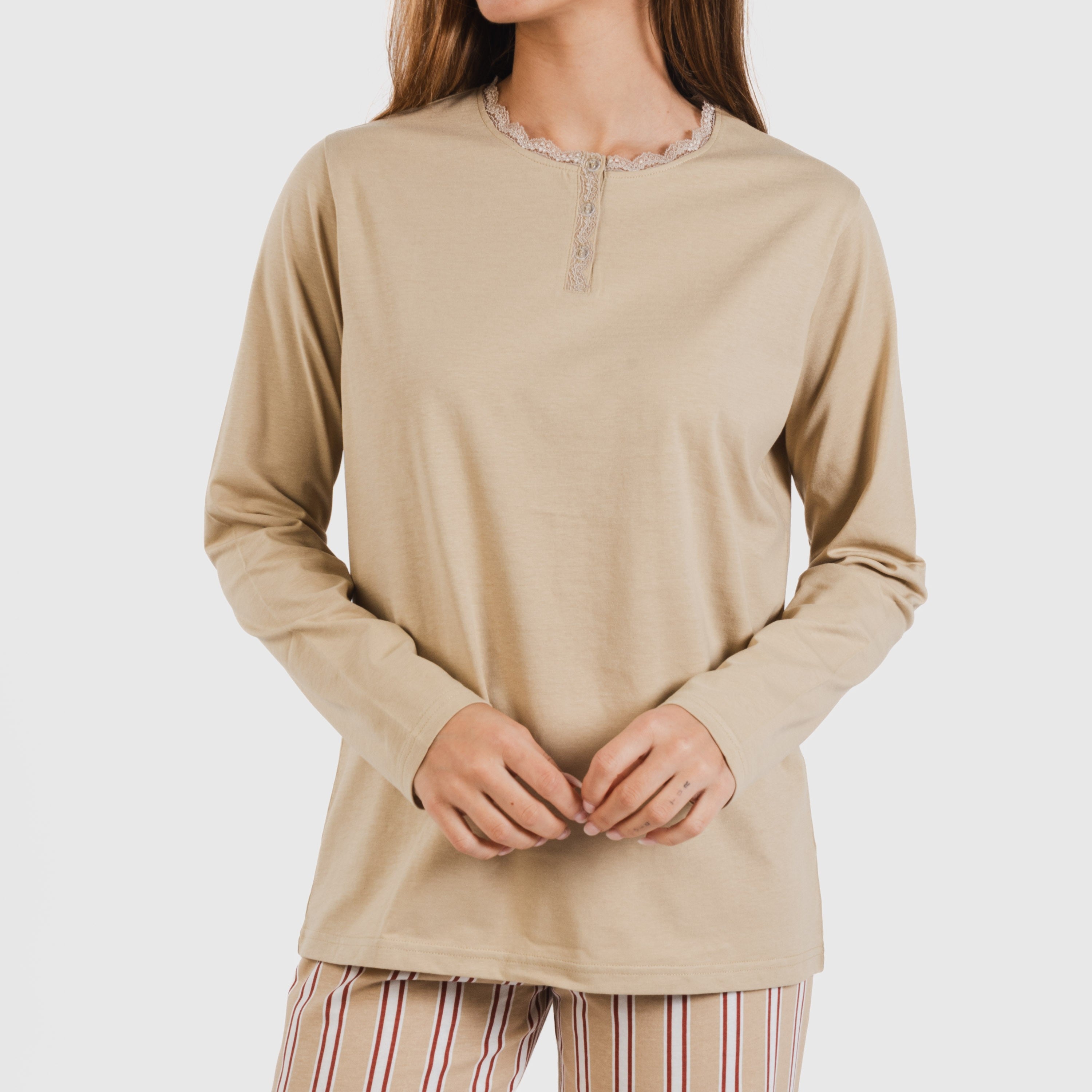 Pijama comprido de algodão, listrado, cor areia