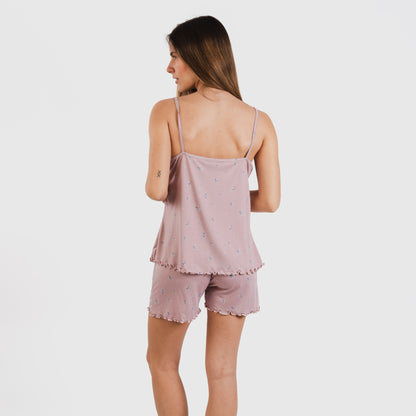 Pijama feminino Melanie cor malva com alças.