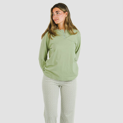 Michelle, pijama comprido de algodão verde para caça.