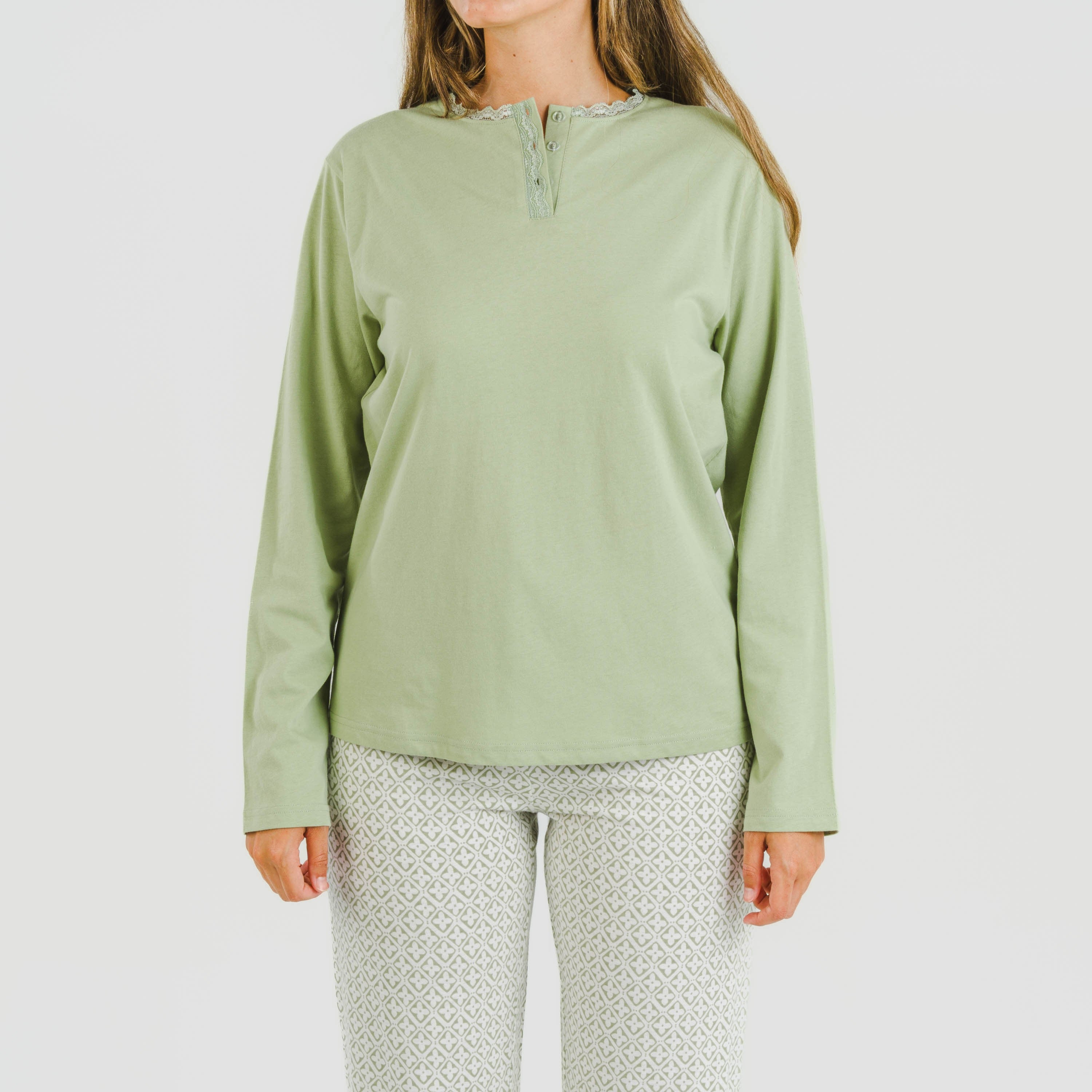 Michelle, pijama comprido de algodão verde para caça.