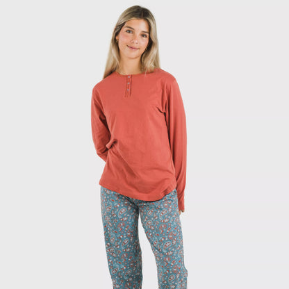 Pijama comprido de algodão, estampa de azulejos campestres