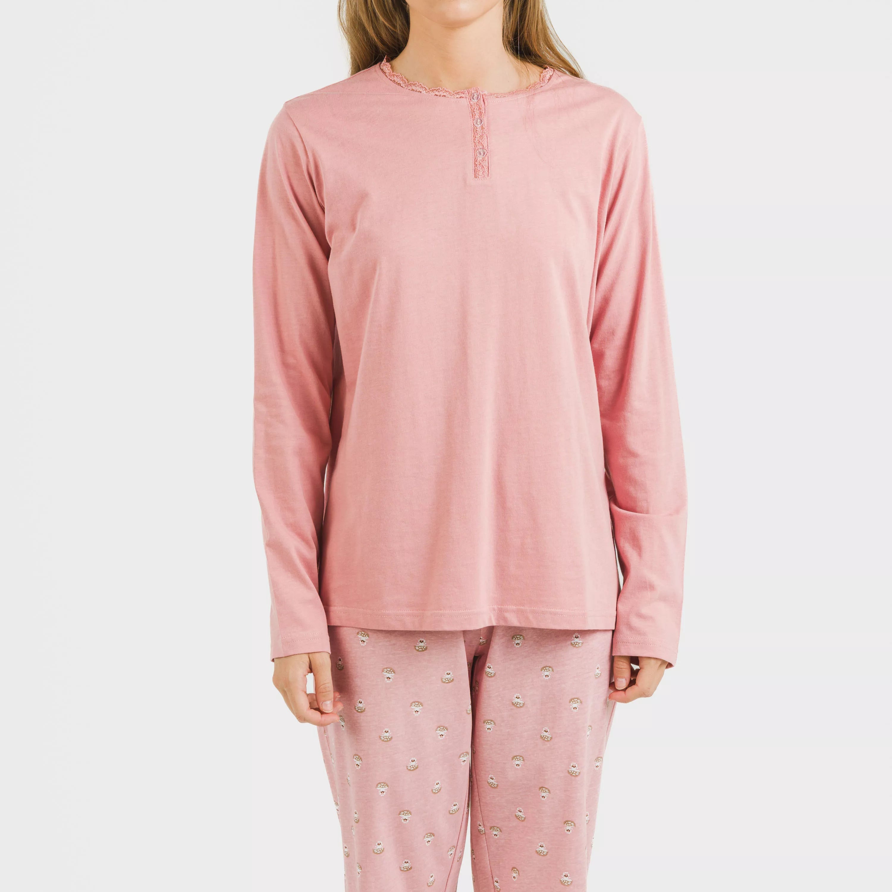 Pijama longo de algodão rosa Santi
