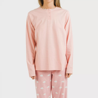 Pijama comprido de algodão. Nuvenzinha rosa.