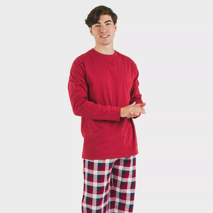 Pijama masculino de flanela, xadrez bordô Ferni