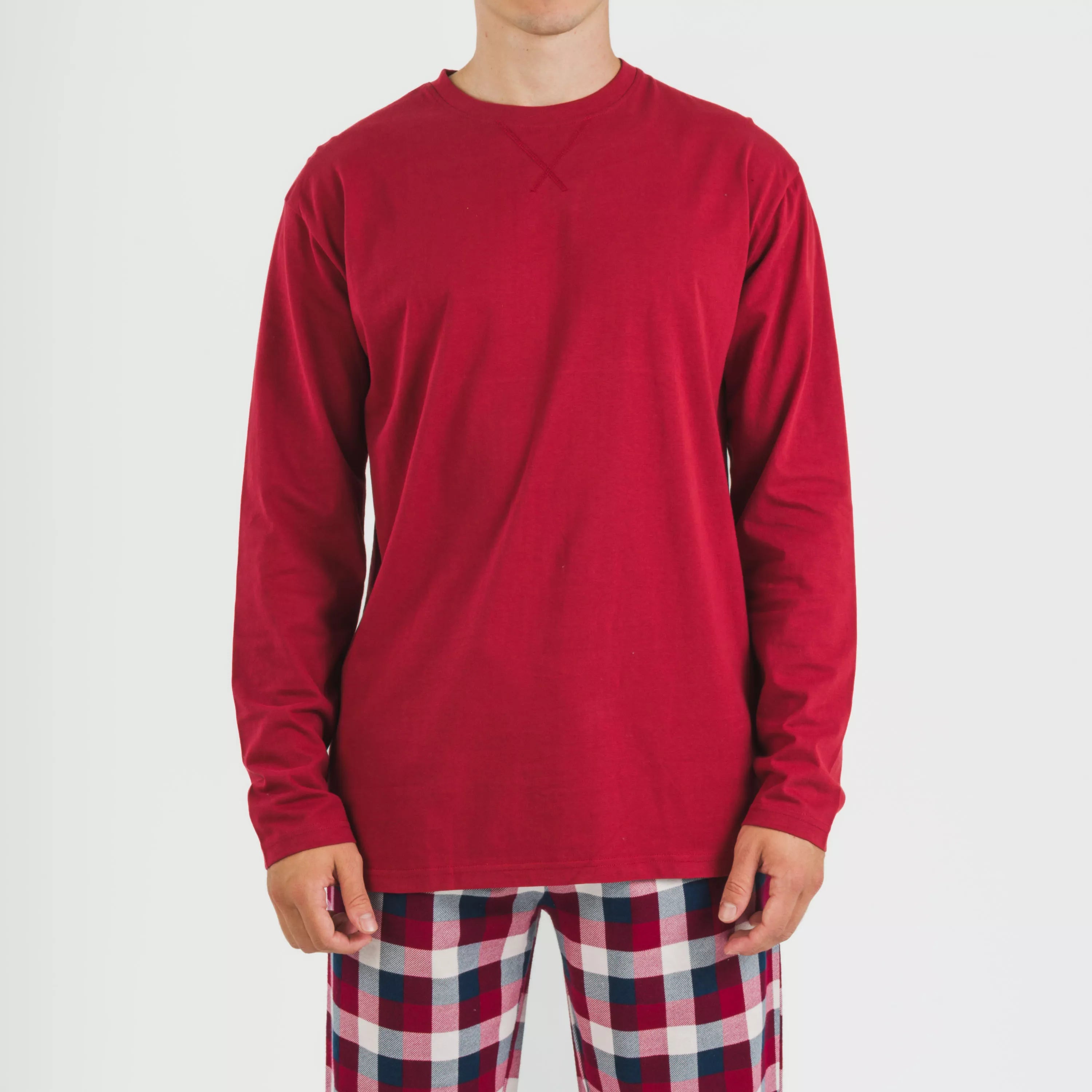 Pijama masculino de flanela, xadrez bordô Ferni