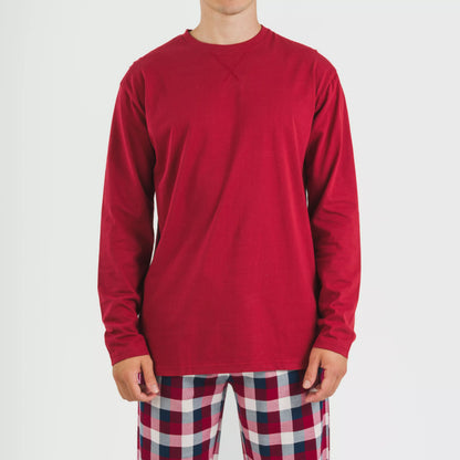 Pijama masculino de flanela, xadrez bordô Ferni