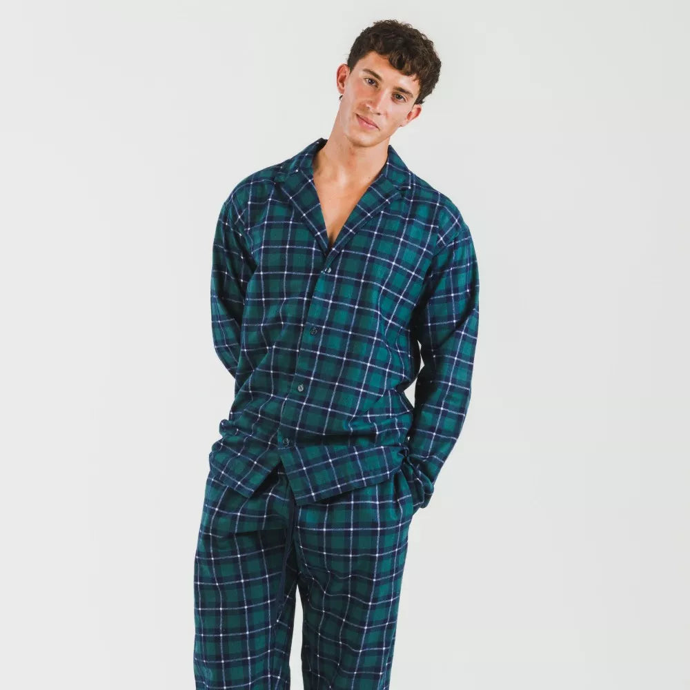 Pijama masculino de flanela com lapela, xadrez verde Ruz.