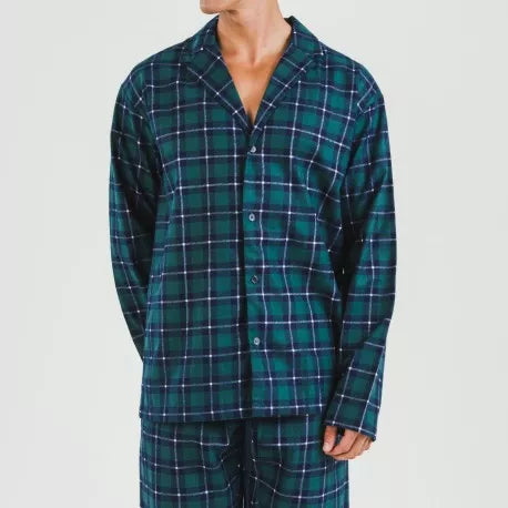 Pijama masculino de flanela com lapela, xadrez verde Ruz.