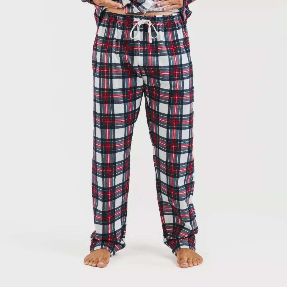 Pijama masculino de flanela com lapela, estampa xadrez Celestia