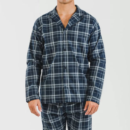 Pijama masculino de flanela com lapela, xadrez azul.