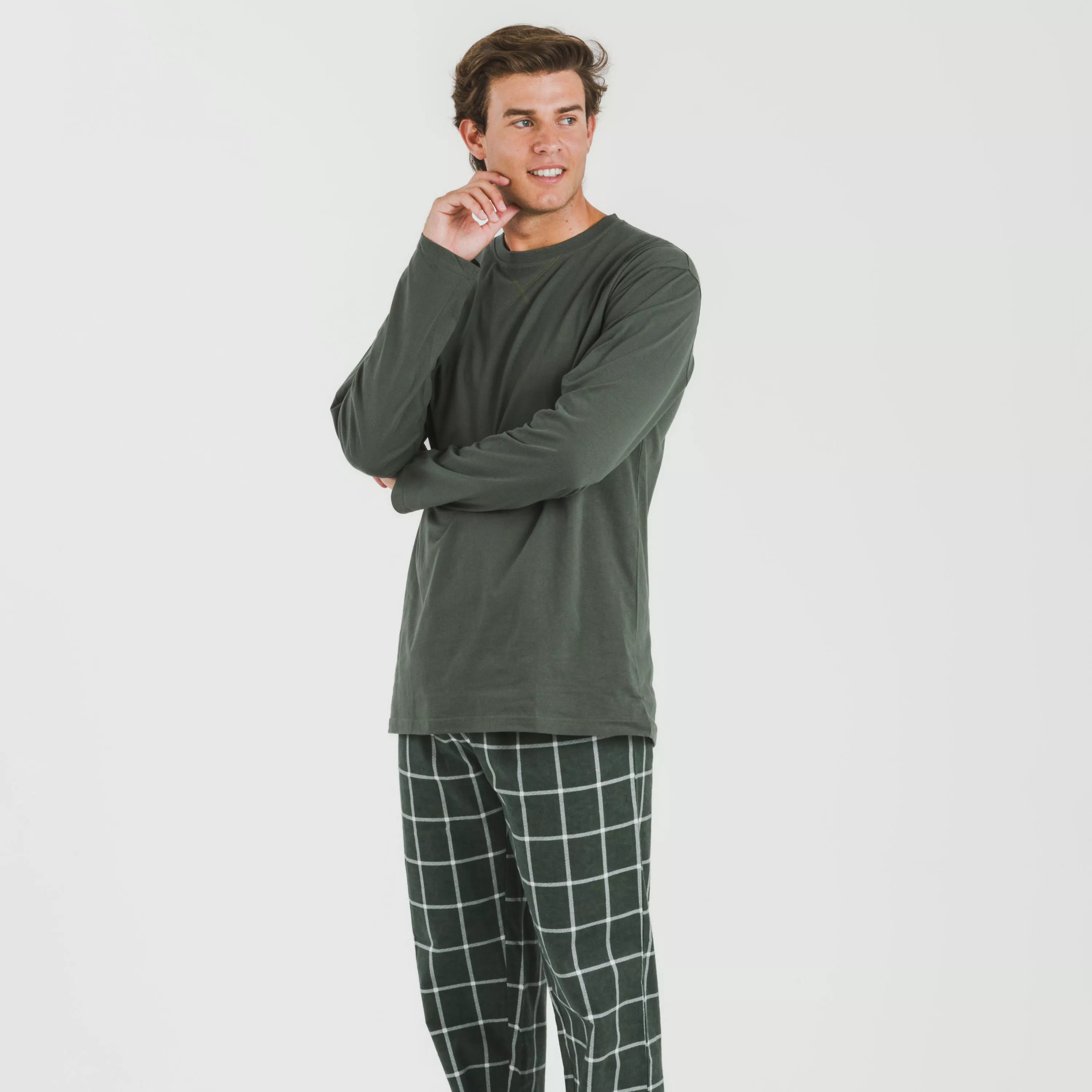 Pijama masculino de flanela, estampa de caça verde andina
